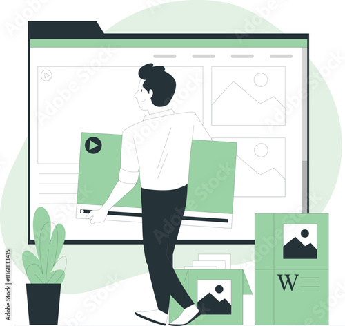 A person designing a website on a large computer screen with graphic elements around