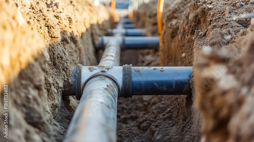 View of pipes laid in a trench, ready for water or other fluid distribution. It could also be for waste and sewage or for a domestic, private or municipal drainage system.