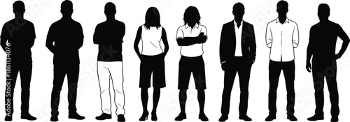 People silhouettes standing in row, diverse group of business and casual men and woman, team staff collection, cad drawing flat vector illustration