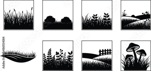 Nature landscape silhouettes set, grass field and meadow icons, mushroom and fence scenery, summer garden vegetation, cad drawing flat vector illustration