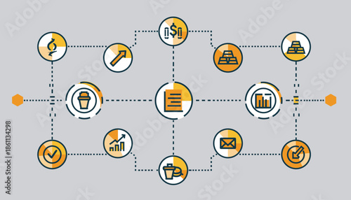 Business process workflow diagram with icons and connections