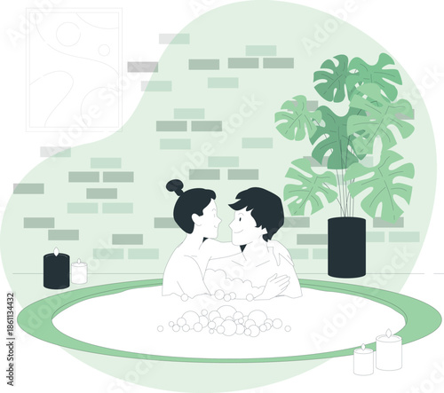 Couple Relaxing in a Serene Spa Environment Surrounded by Lush Greenery and Modern Decor