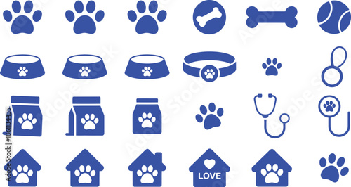 Blue dog paw prints food bowls bones collar stethoscope and houses