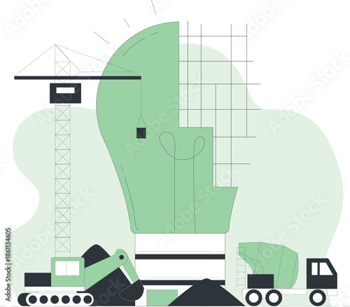 Construction site with crane and machinery operating beside large green graphic illustration