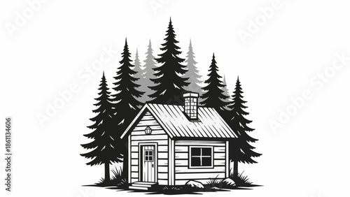 Rustic wooden cabin nestled among tall pine trees in a forest setting.