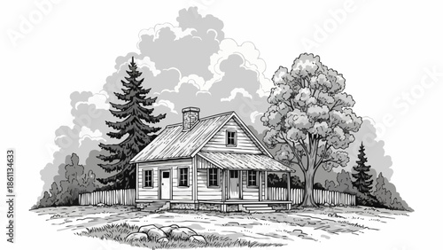 Rustic wooden house with trees and fence illustration.