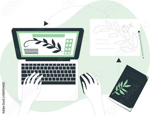 A person designing a graphic with leaves on a laptop screen