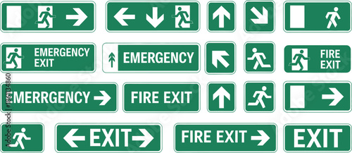 Green emergency exit signs with white and text