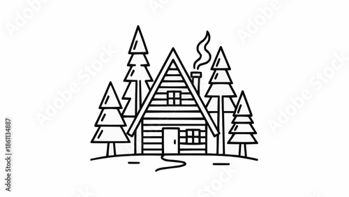 Rustic cabin nestled among pine trees in a minimalist line art style.