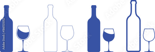 Four blue wine bottles and glasses on white drink beverage