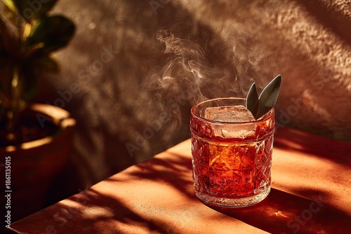 Cocktail with ice and garnish on a wooden surface, with a plant in the background