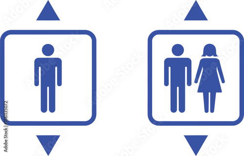 Blue male and female elevator with up and down arrows