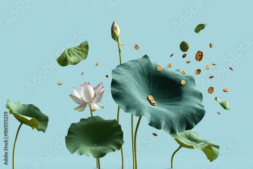 Artistic depiction of a lotus flower, leaves, and seeds floating against a light blue backdrop
