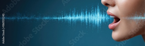 Close-up of a person's mouth with animated sound waves emitting from it, glowing blue