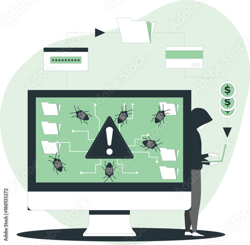 A person investigates malware on a computer screen displaying warning signs and bug icons
