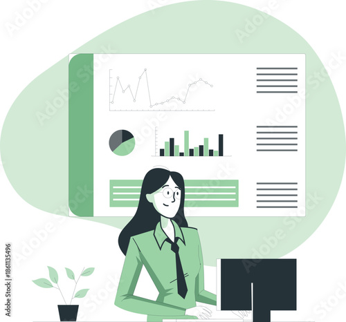 Businesswoman analyzing data on computer with various graphs and charts in a modern office environment from a frontal viewpoint