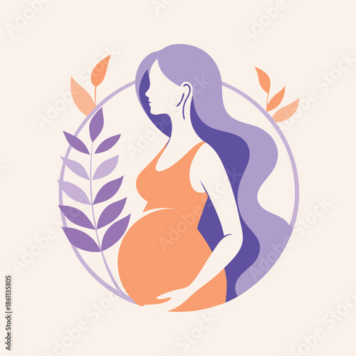 Flat vector design of a pregnant woman's silhouette in profile, symbolizing maternity, pregnancy health, and motherhood in a minimalist style.
