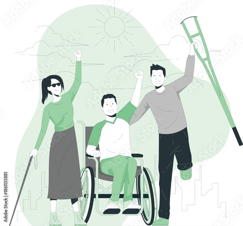 People with disabilities celebrating together outdoors on a sunny day with mobility aids.