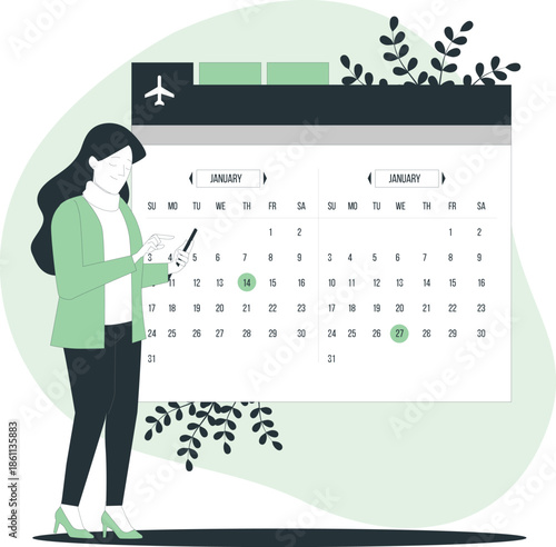 Woman planning travel itinerary on digital calendar with highlighted dates