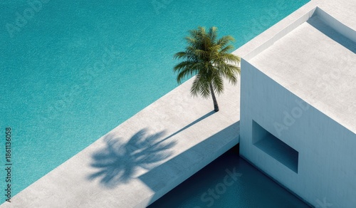 Modern architectural composition featuring a palm tree casting a shadow on a white concrete surface
