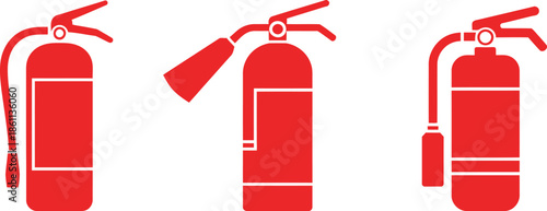 Three red fire extinguishers in a row safety equipment
