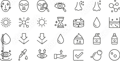 Complete skincare science and facial treatment line icon set featuring anti aging serums moisturizing 