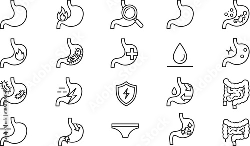 Complete stomach health and digestion line icons set featuring gastrointestinal tract anatomy acid reflux bloating bacterial infection and healthy digestion medical symbols