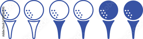 Six blue golf balls on white tees in a row sport game