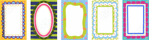 Five vibrant, child-friendly photo frames with playful border designs, perfect for albums, social media posts, and children's activity sheets.