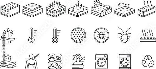 Complete mattress technology and sleep comfort line icons featuring breathable fabric layers orthopedic support temperature control bed bugs protection and laundry symbols