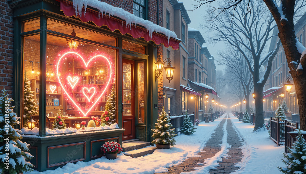 Obraz premium cozy shop decorated with heart-shaped neon lights in a snowy street, illuminated by lanterns, ideal for holiday marketing or seasonal promotions