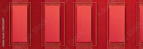 Close-up of several rectangular shapes in red with gold borders, arranged horizontally