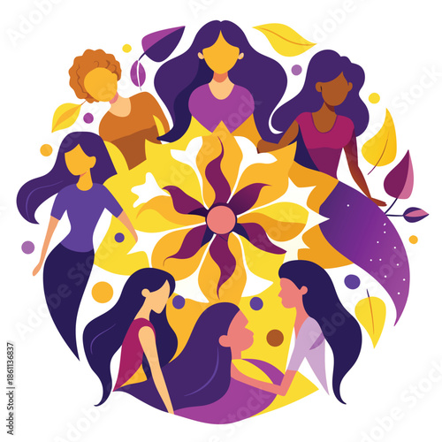 Abstract Vector Illustration of Diverse Female Figures Representing Empowerment Community and Global Sisterhood
