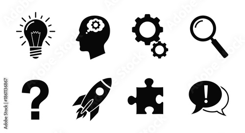 Conceptual icons representing ideas problem solving innovation and discovery presented in silhouette