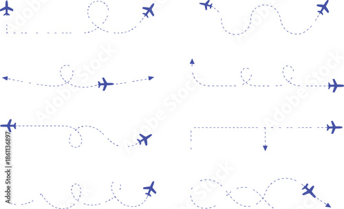 Blue airplanes with dashed flight paths on white background