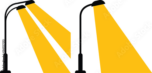 Street lamp silhouettes, light beam comparison, urban lighting design, black vector icons, illumination pattern, public space decor, architectural elements, night illustration