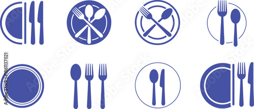 Blue plate and cutlery on white background fork knife