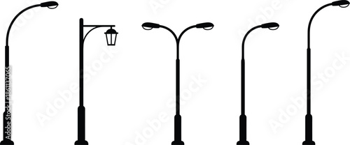 Street lamp silhouettes, modern and vintage styles, urban lighting design, black vector icons, architectural elements, public space decor, outdoor fixtures
