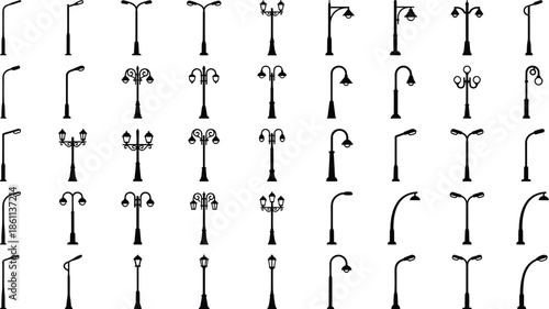 Street lamp silhouettes, vintage and modern styles, urban lighting design, black vector icons, architectural elements, public space decor, city infrastructure