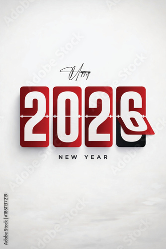 Happy New Year 2026 Vector Illustration with Red Mechanical Flip Clock Countdown Display, Minimalist Holiday Calendar Typography Design on White Background, Modern Digital Scoreboard Style Greeting.