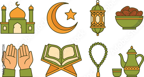 Ramadan, Kareem, and, Eid, Mubarak, Islamic, icon, set, featuring, mosque, lantern, Quran, dates, prayer, hands, tasbih, moon, and, star, vector.