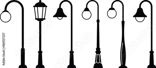 Street lamp silhouettes, vintage and modern styles, urban lighting design, black vector icons, architectural elements, public space decor, outdoor fixtures, illustration