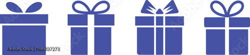 Four blue gift boxes with ribbons on white background