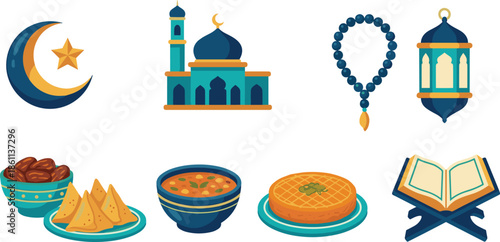 Ramadan, Kareem, Islamic, icons, set, mosque, crescent, moon, lantern, Quran, prayer, beads, dates, samosa, soup, food, religion, culture, vector, illustration
