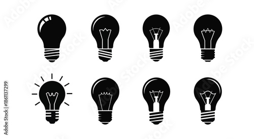 Collection of diverse black light bulb designs and a shining star in silhouette