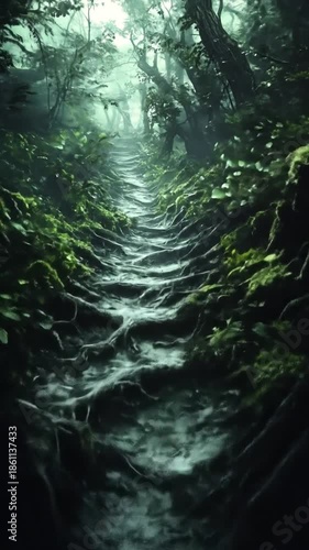 Dark and mystical forest path with gnarled tree roots forming a winding, textured trail, shrouded in moss and mist, evoking an enchanted wilderness.