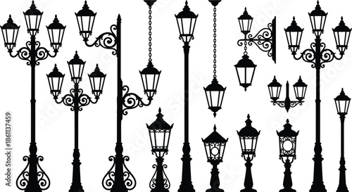 Vintage street lamp silhouettes, ornate lanterns, classical lighting design, black vector icons, historical decor, urban elements, architectural illustration, outdoor fixtures, elegant style