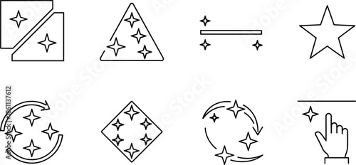 Sparkling clean and shining surface line icons featuring star twinkle effects on various geometric shapes and premium quality hygiene symbols