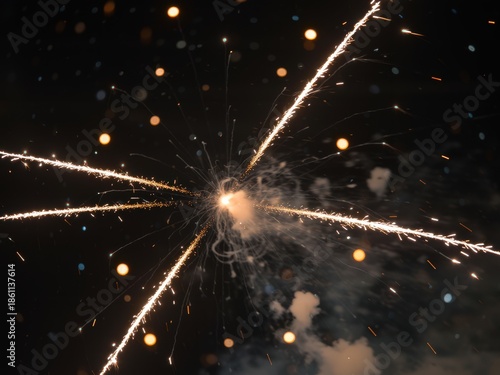 Bright fireworks explode in the dark night sky, creating a colorful spectacle. Use: event poster, party invitation, travel brochure.