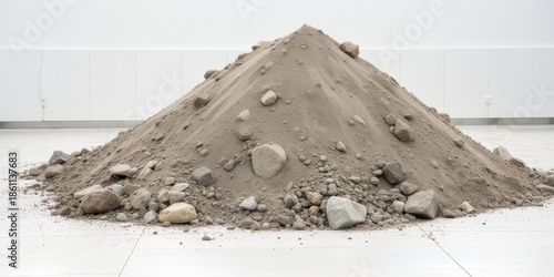 Large beige sand and gray rock pile sits in a pristine white indoor room. Use: art museum display, architecture firm portfolio, environmental study.
